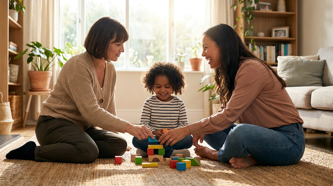 A smiling young child around 4 years old sits on a rug in a bright living room building with colorful blocks while a mother and a female therapist sit on either side, smiling and joining the play in a warm home setting.