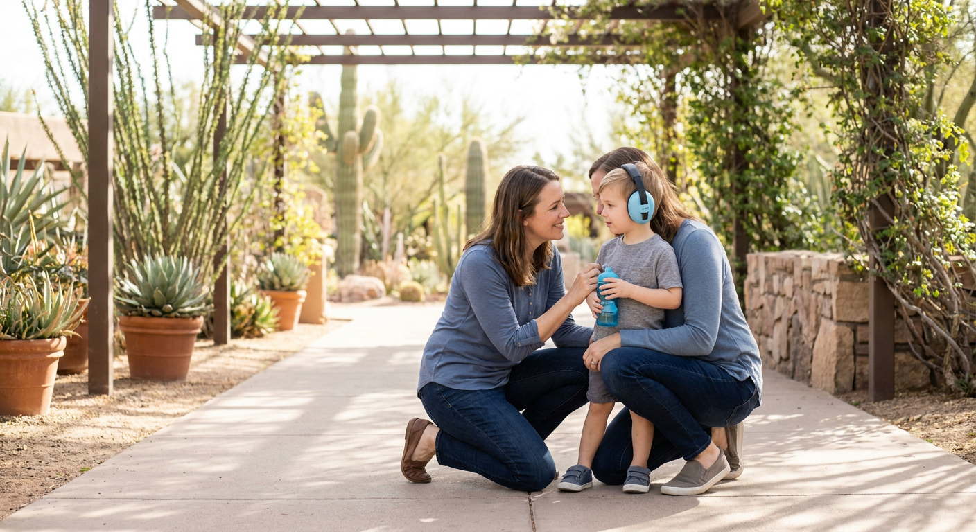 A preschool-aged child wearing blue noise-reducing headphones stands between two kneeling women on a shaded desert garden walkway, holding a blue water bottle while both adults smile supportively among cactus plants and warm morning light.