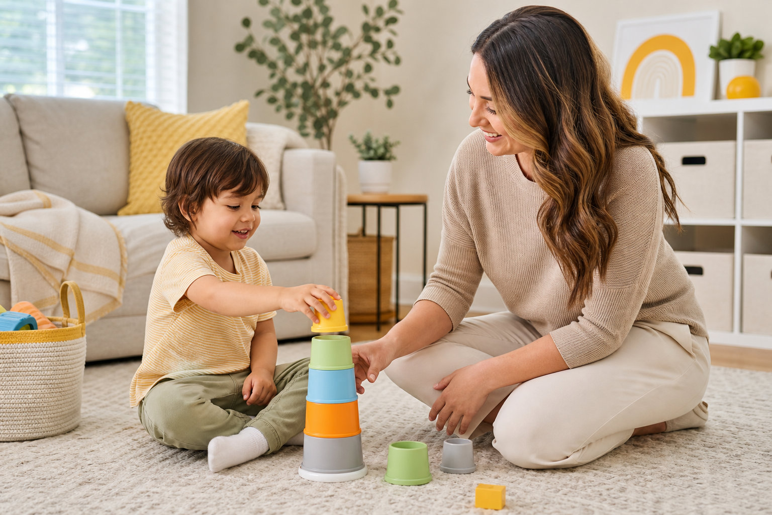 A young child around 3 to 4 years old sits on the floor in a cozy living room, smiling and playing with colorful stacking toys while a female therapist in modest work-casual clothing sits nearby at the child’s level and joins the play with warm, calm attention.
