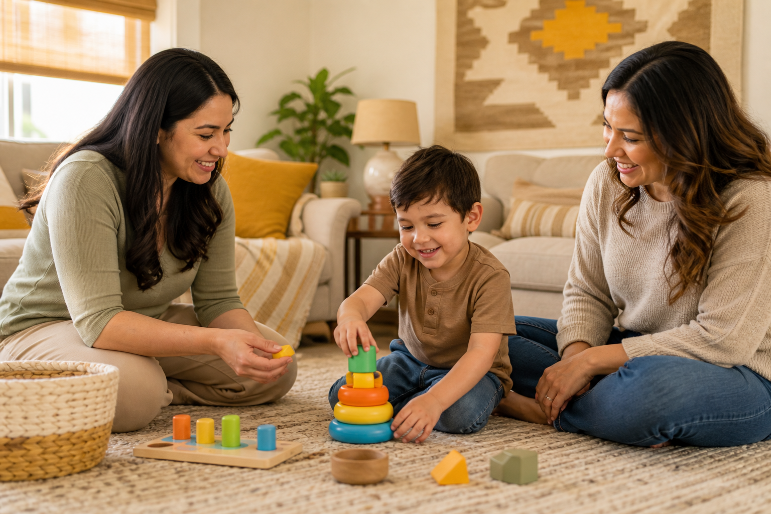 A preschool-age child plays with colorful toys on a rug in a sunlit living room while a female therapist and parent sit nearby, smiling and engaging together during an in-home therapy session.