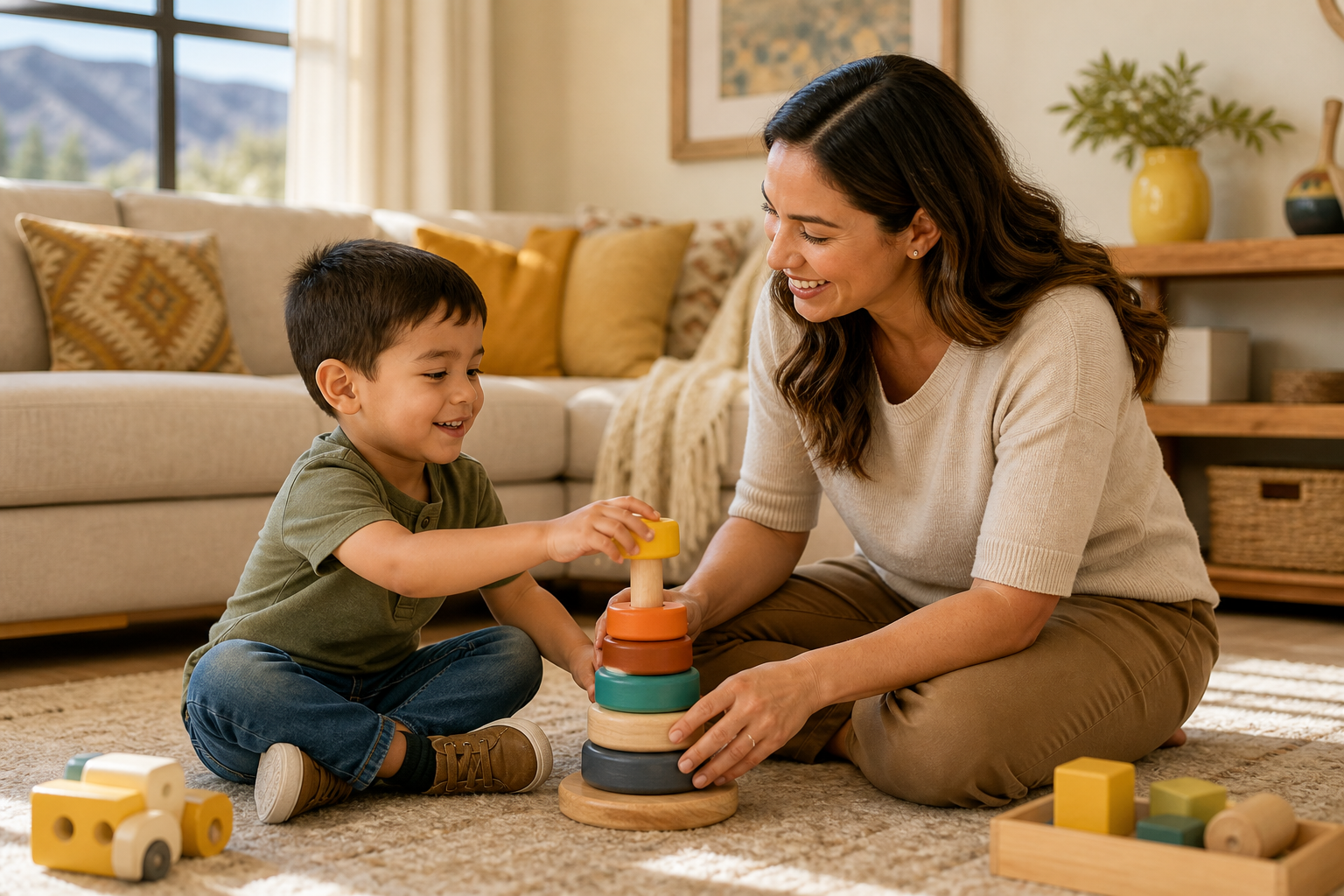 Young child around preschool age plays with colorful stacking toys on a living room rug while a female therapist sits beside them in a warm, sunlit home setting, both calmly engaged in one-on-one interaction.