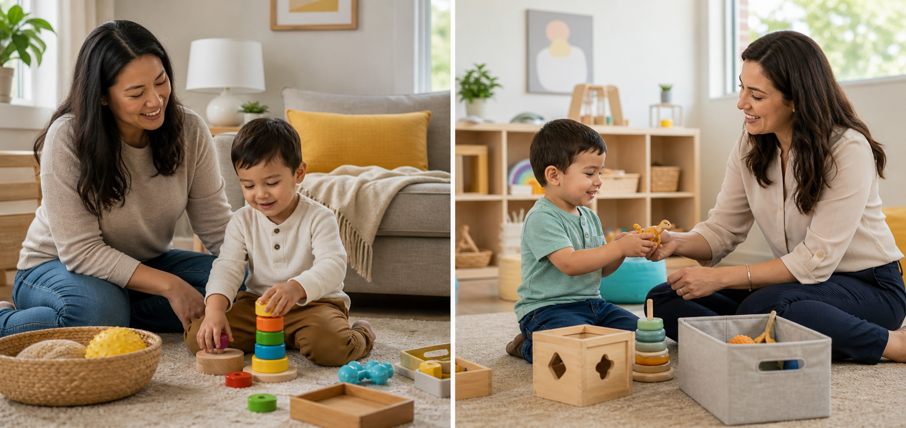 Split image showing a preschool-age child in two warm ABA therapy settings: on one side, the child plays with colorful toys on a living room floor beside a parent at home; on the other side, the child plays in a gentle center-based therapy room with a female therapist, with soft lighting, child-friendly furniture, and calm, supportive expressions.