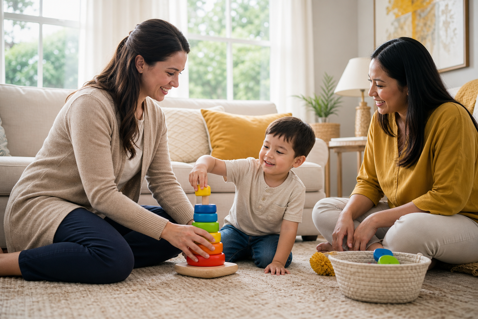 A young child around preschool age sits on a living room rug at home, engaged in play with colorful toys while a female therapist and parent sit nearby with warm, supportive expressions in a bright, cozy space.