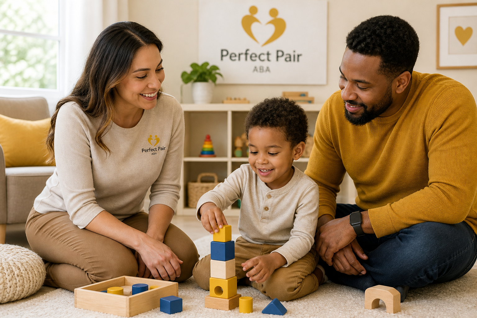 A female therapist kneels beside a young child around 4 playing with colorful blocks in a warm, child-friendly therapy room while a parent sits nearby smiling and watching, with soft natural light and simple gold-and-neutral decor.