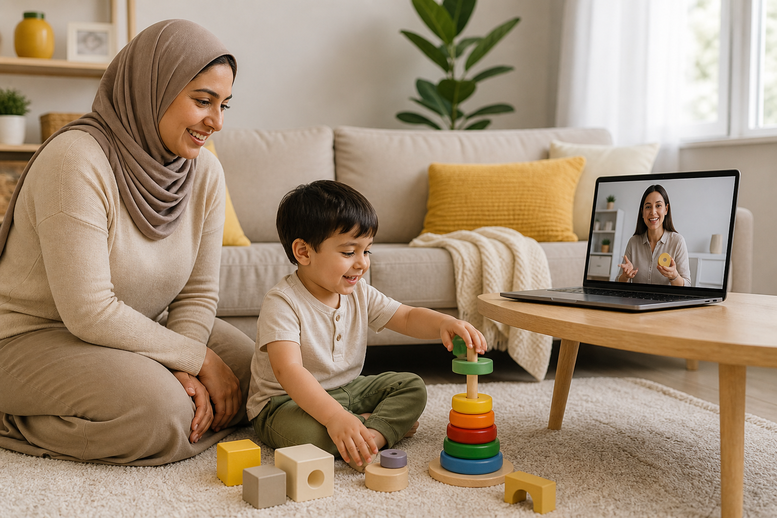 A smiling preschool-aged child sits on a living room rug playing with colorful stacking toys beside a seated mother while a female therapist appears on a laptop screen during a virtual ABA session in a bright, cozy home.