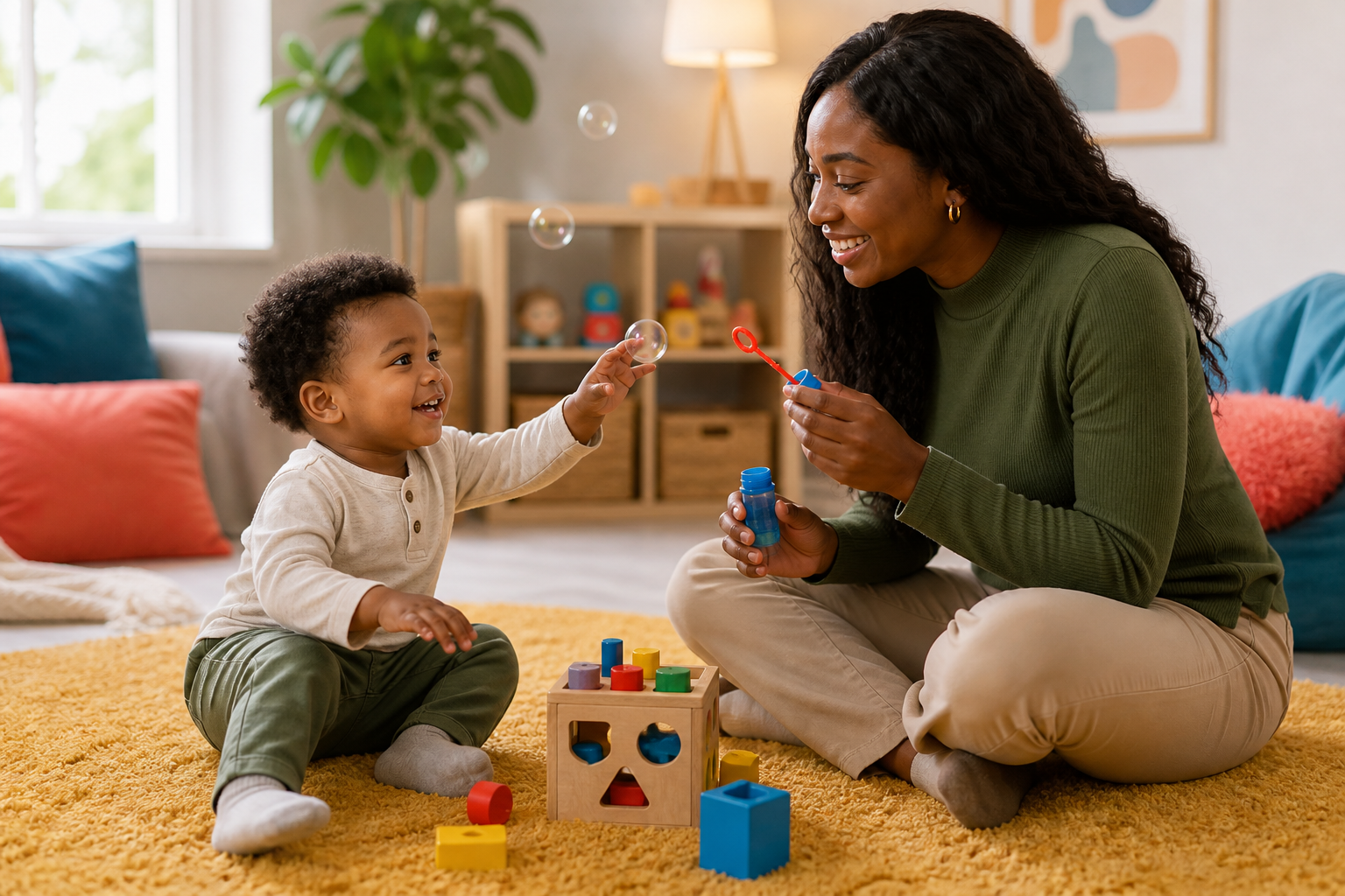 A female ABA therapist in modest work-casual clothing sits beside a smiling toddler on a colorful rug in a bright, cozy playroom, holding a bubble wand near the child’s block play.