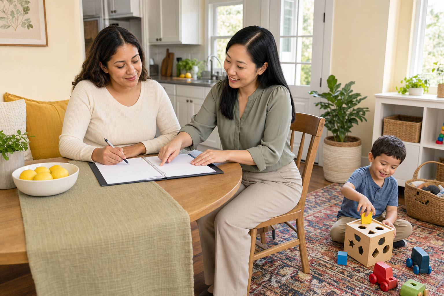 A Black mother and a female ABA care coordinator review a blank application folder and tablet in a colorful home lounge while a happy 4-year-old child plays with stacking rings and wooden blocks nearby.