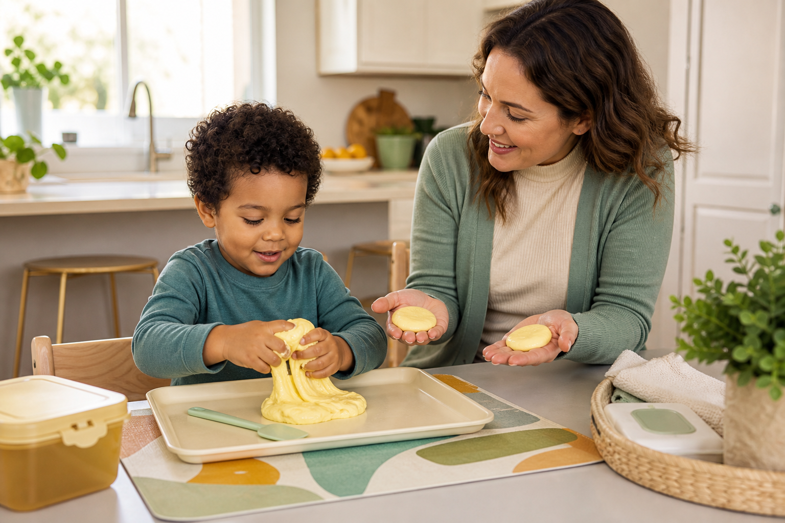 A calm preschool-aged child with curly dark hair sits at a kitchen table, squeezing a small amount of yellow slime on a washable tray with a silicone tool while a female caregiver offers support; wipes and a storage container sit nearby.