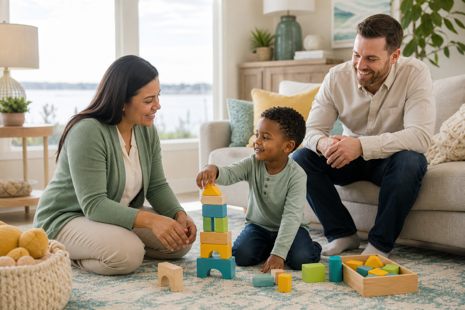 A young child stacks colorful blocks on a soft rug in a bright family living room while a female therapist and a father participate in supportive play.