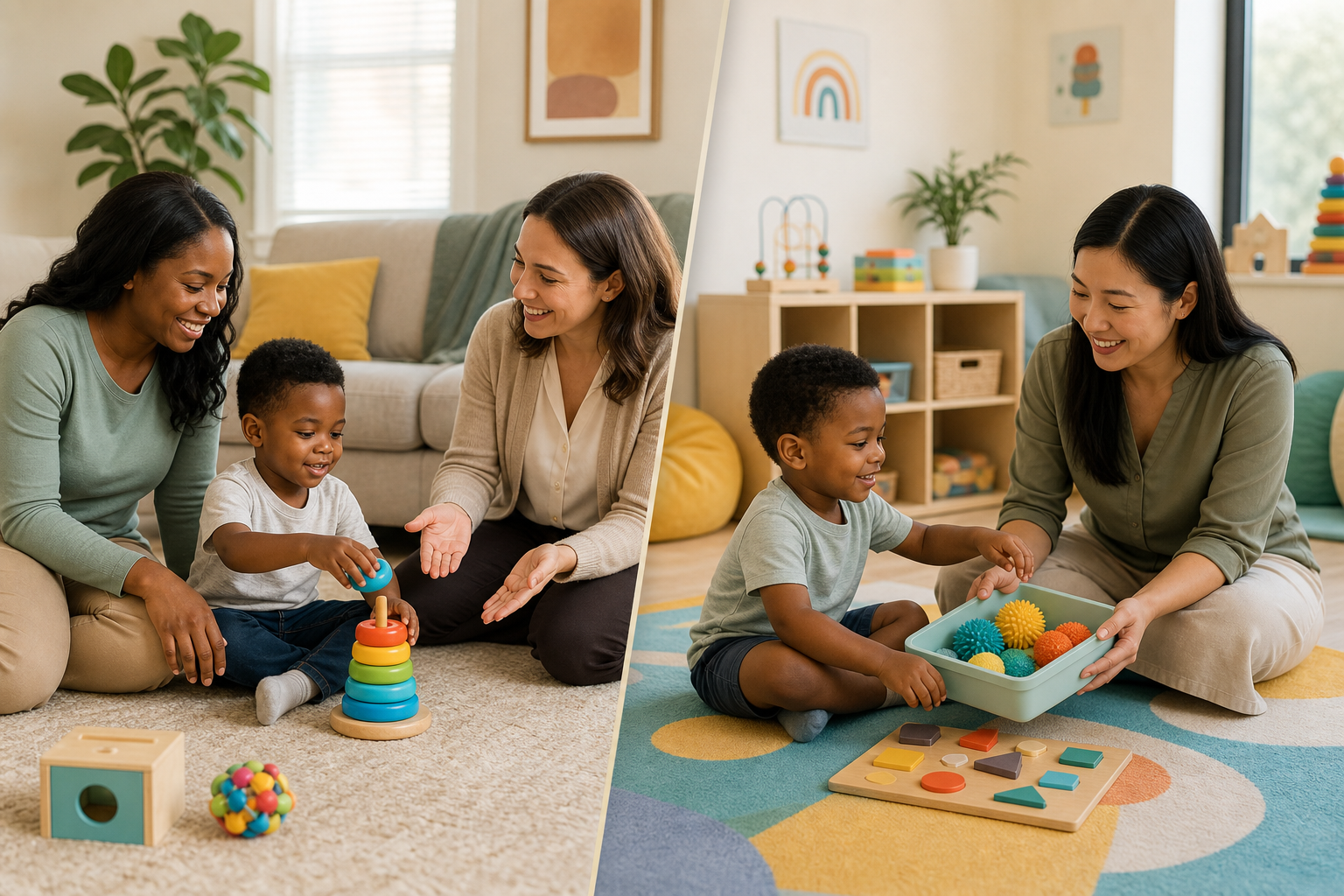 A preschool-aged child is shown calmly practicing play-based communication with supportive adults in two welcoming settings: a colorful home living room and a bright, non-clinical center-based playroom, using simple toys on a soft rug.
