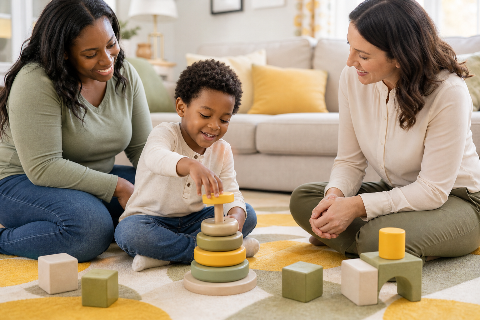 A content four-year-old child sits on a colorful rug in a bright home living room, stacking rings with a female ABA therapist while a Black mother smiles nearby and shares the interaction.