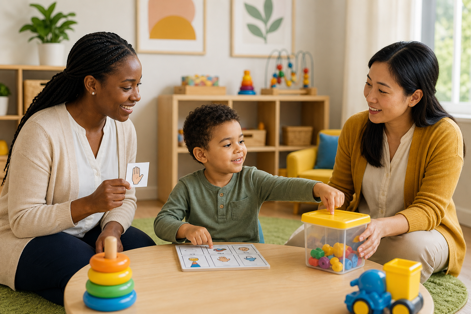 A young autistic child around age four uses a picture-based communication board to request help during play at a low table while two female clinicians of different ethnicities support the activity in a bright, colorful therapy lounge.
